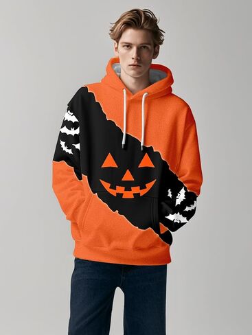 ZKFERAS Mens Halloween Sweatshirt With Fun Pumpkin And Bat Design in Saudi Arabia