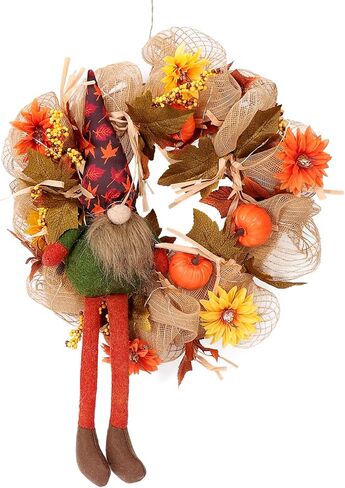 أكاليل الخريف للباب الأمامي - 14 بوصة إكليل جنوم الخريف أكاليل عيد الشكر مع أضواء اليقطين الصغيرة للمنزل ونافذة الشرفة وجدار المزرعة وديكور عيد الشكر وديكور الخريف in Kuwait