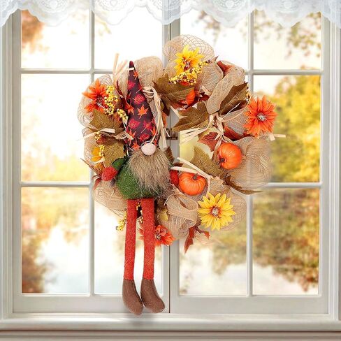 أكاليل الخريف للباب الأمامي - 14 بوصة إكليل جنوم الخريف أكاليل عيد الشكر مع أضواء اليقطين الصغيرة للمنزل ونافذة الشرفة وجدار المزرعة وديكور عيد الشكر وديكور الخريف in Kuwait