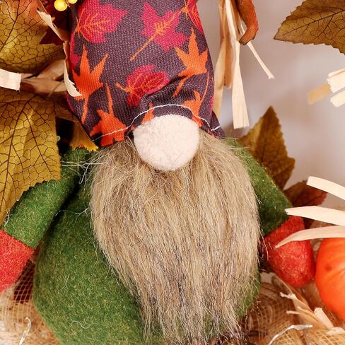 أكاليل الخريف للباب الأمامي - 14 بوصة إكليل جنوم الخريف أكاليل عيد الشكر مع أضواء اليقطين الصغيرة للمنزل ونافذة الشرفة وجدار المزرعة وديكور عيد الشكر وديكور الخريف in Kuwait