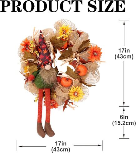 أكاليل الخريف للباب الأمامي - 14 بوصة إكليل جنوم الخريف أكاليل عيد الشكر مع أضواء اليقطين الصغيرة للمنزل ونافذة الشرفة وجدار المزرعة وديكور عيد الشكر وديكور الخريف in Kuwait