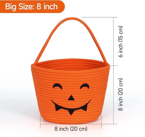 Halloween Candy Bucket, 6 x 6 Inch Portable Trick-or-Treat Basket, Cotton Rope Woven Smiley Basket, Orange in Saudi Arabia