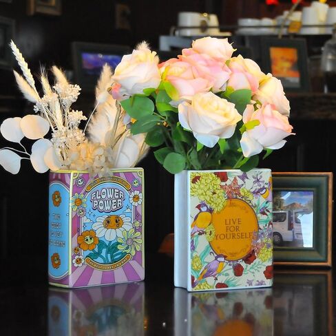 Book-Shaped Decorative Vase, Ceramic Vases for Home Decor, Cute Bookshelf Decor, Unique Vase for Book Lovers (Vintage - Bird Flower) in Saudi Arabia