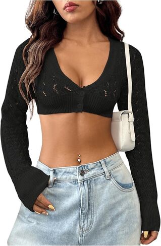 GORGLITTER Women's Crochet Cardigan Button Front Long Sleeve Scoop Neck Crop Knit Top in Saudi Arabia