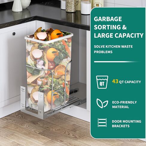YITAHOME 43 Quart Pull Out Trash Can Under Cabinet, Heavy Duty Trash Can with Soft-Close Slide and Door Mounting Kit for Kitchen, White+Black in Saudi Arabia