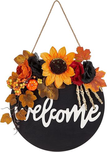 سقوط علامة ترحيب للباب الأمامي - 12 بوصة الخريف خشبية معلقة علامة سقوط أكاليل الباب مع أوراق القيقب الاصطناعية اليقطين لشرفة المزرعة عيد الهالوين عيد الشكر حصاد ديكور جدار المنزل in Kuwait