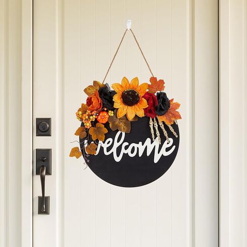 سقوط علامة ترحيب للباب الأمامي - 12 بوصة الخريف خشبية معلقة علامة سقوط أكاليل الباب مع أوراق القيقب الاصطناعية اليقطين لشرفة المزرعة عيد الهالوين عيد الشكر حصاد ديكور جدار المنزل in Kuwait