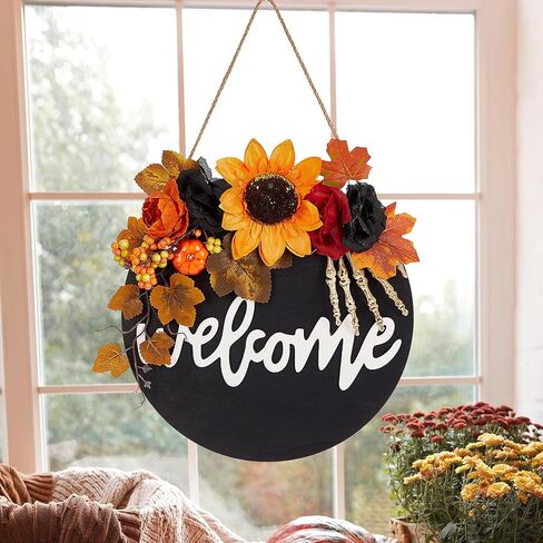 سقوط علامة ترحيب للباب الأمامي - 12 بوصة الخريف خشبية معلقة علامة سقوط أكاليل الباب مع أوراق القيقب الاصطناعية اليقطين لشرفة المزرعة عيد الهالوين عيد الشكر حصاد ديكور جدار المنزل in Kuwait