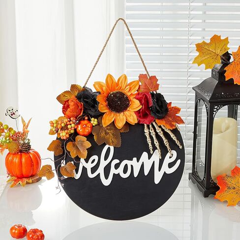 سقوط علامة ترحيب للباب الأمامي - 12 بوصة الخريف خشبية معلقة علامة سقوط أكاليل الباب مع أوراق القيقب الاصطناعية اليقطين لشرفة المزرعة عيد الهالوين عيد الشكر حصاد ديكور جدار المنزل in Kuwait