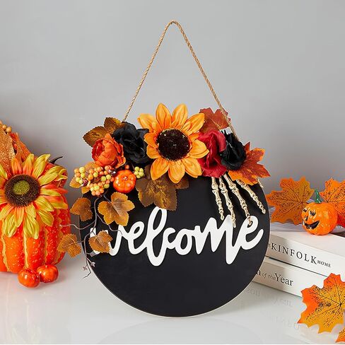 سقوط علامة ترحيب للباب الأمامي - 12 بوصة الخريف خشبية معلقة علامة سقوط أكاليل الباب مع أوراق القيقب الاصطناعية اليقطين لشرفة المزرعة عيد الهالوين عيد الشكر حصاد ديكور جدار المنزل in Kuwait