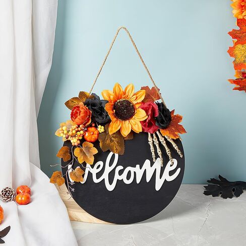 سقوط علامة ترحيب للباب الأمامي - 12 بوصة الخريف خشبية معلقة علامة سقوط أكاليل الباب مع أوراق القيقب الاصطناعية اليقطين لشرفة المزرعة عيد الهالوين عيد الشكر حصاد ديكور جدار المنزل in Kuwait