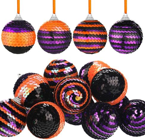 12 Pieces Halloween Day Ball Ornament, Orange Purple Halloween Tree Ornament, Sequin Ball for Autumn Thanksgiving Halloween Party Hanging Decor (Fresh Style, 12 Pieces) in Saudi Arabia