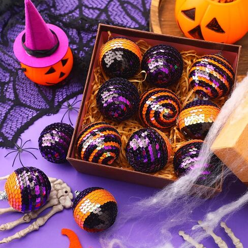 12 Pieces Halloween Day Ball Ornament, Orange Purple Halloween Tree Ornament, Sequin Ball for Autumn Thanksgiving Halloween Party Hanging Decor (Fresh Style, 12 Pieces) in Saudi Arabia