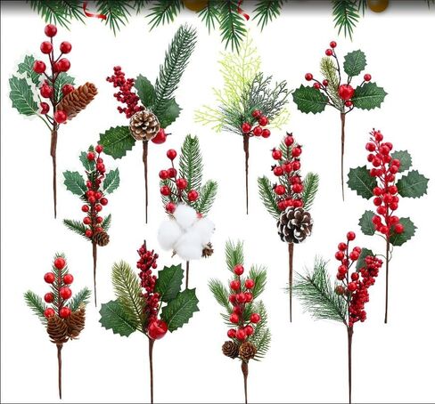 12 حزمة عيد الميلاد محاكاة فرع الصنوبر المخروط ندفة الثلج إبرة التوت الفاكهة الحمراء عطلة الديكور باقة الاصطناعي يختار أوراق هولي لترتيب الزهور إكليل الشتاء عطلة الموسم. in Kuwait