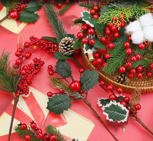 12 حزمة عيد الميلاد محاكاة فرع الصنوبر المخروط ندفة الثلج إبرة التوت الفاكهة الحمراء عطلة الديكور باقة الاصطناعي يختار أوراق هولي لترتيب الزهور إكليل الشتاء عطلة الموسم. in Kuwait