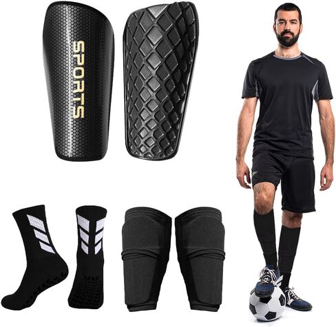 1 Pair Mens Grip Soccer Socks, 1 Pair Shin Sleeves with 1 Pack Shin Guards, Professional Soccer Football Game Set 3 Pcs (Black) in Saudi Arabia