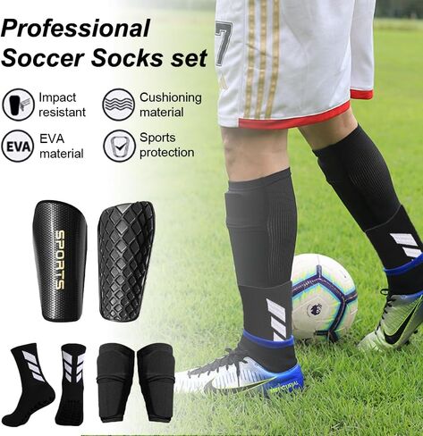 1 Pair Mens Grip Soccer Socks, 1 Pair Shin Sleeves with 1 Pack Shin Guards, Professional Soccer Football Game Set 3 Pcs (Black) in Saudi Arabia