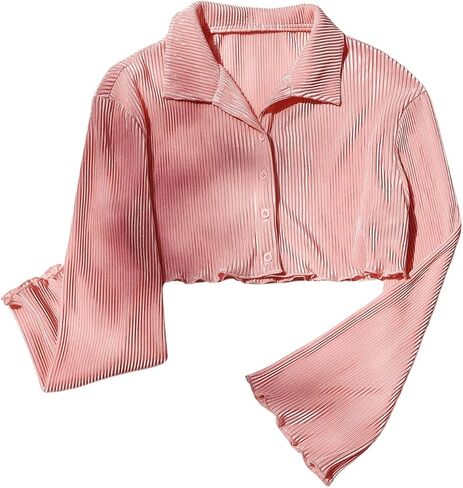 قمصان نسائية بأكمام طويلة وأزرار للأسفل، بلوزات قصيرة ذات ياقة غير رسمية، بلوزة مزينة بزخرفة الخس in Kuwait