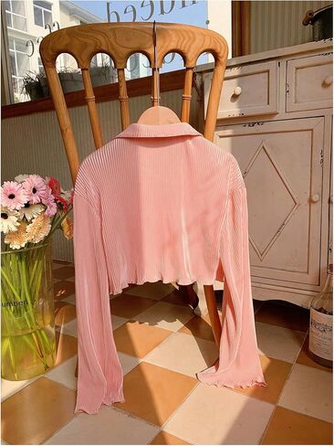 قمصان نسائية بأكمام طويلة وأزرار للأسفل، بلوزات قصيرة ذات ياقة غير رسمية، بلوزة مزينة بزخرفة الخس in Kuwait