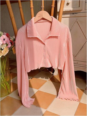 قمصان نسائية بأكمام طويلة وأزرار للأسفل، بلوزات قصيرة ذات ياقة غير رسمية، بلوزة مزينة بزخرفة الخس in Kuwait