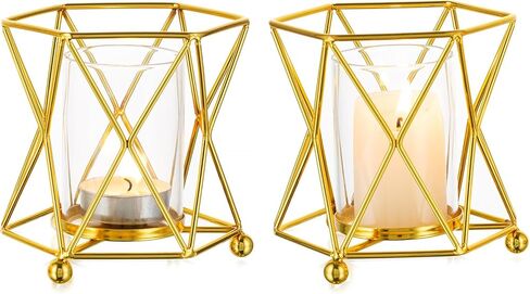 NUPTIO حوامل شموع هندسية Tealight: قطعتان من شموع ضوء الشاي الذهبي حامل محوري لطاولة حامل شموع معدنية سداسية الشكل، فانوس زخرفي صغير لحفلات الزفاف وحفلات عيد الميلاد in Kuwait