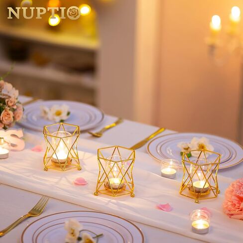 NUPTIO حوامل شموع هندسية Tealight: قطعتان من شموع ضوء الشاي الذهبي حامل محوري لطاولة حامل شموع معدنية سداسية الشكل، فانوس زخرفي صغير لحفلات الزفاف وحفلات عيد الميلاد in Kuwait