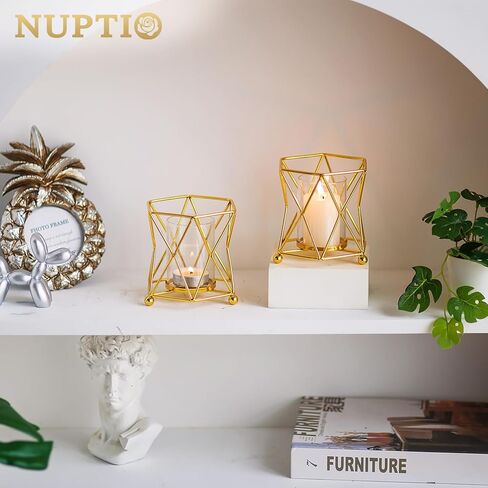 NUPTIO حوامل شموع هندسية Tealight: قطعتان من شموع ضوء الشاي الذهبي حامل محوري لطاولة حامل شموع معدنية سداسية الشكل، فانوس زخرفي صغير لحفلات الزفاف وحفلات عيد الميلاد in Kuwait