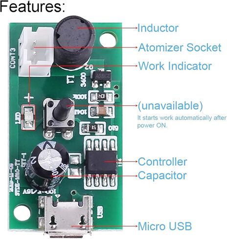 وحدة ترطيب ميكرو USB، 108 كيلو هرتز 2 وات 20 مم، جهاز صنع الرذاذ بالموجات فوق الصوتية، التحكم في التشغيل، التحكم في التفتيت، مع كابل USB ميكرو من القطن in Saudi Arabia