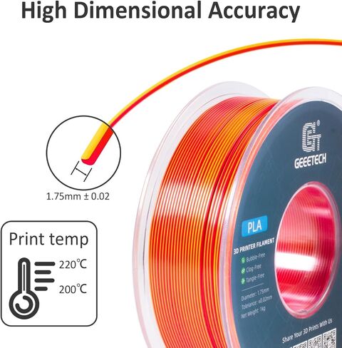Geeetech Silk PLA Filament 1.75mm Silk Dual Color Filament,Coextrusion Dichromatic Metal-Like Shiny Consumable 1kg (2.2lbs) 1 Spool,Dimensional Accuracy +/- 0.03 mm, Black Red in Saudi Arabia