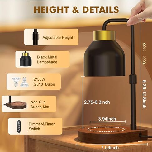 Uflatek Candle Warmer Lamp,Electric Candle Lamp Warmer with Timer Adjustable Height Dimmable Candle Lamp with 2 Bulbs,Melting Warm Lamp for Jar Candle,House Warming Gifts New Home Decor,Black in Saudi Arabia