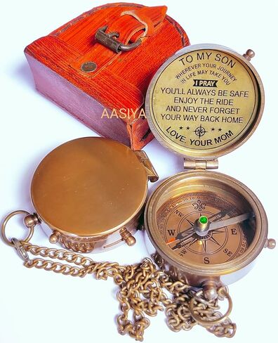 Backone Flat Antique Brass Compass With Leather Carry Case And Chain Pirates Compass Brown Engraved Navigational Compass, 5.8 X 5.8 X 1.8 Cm in Saudi Arabia