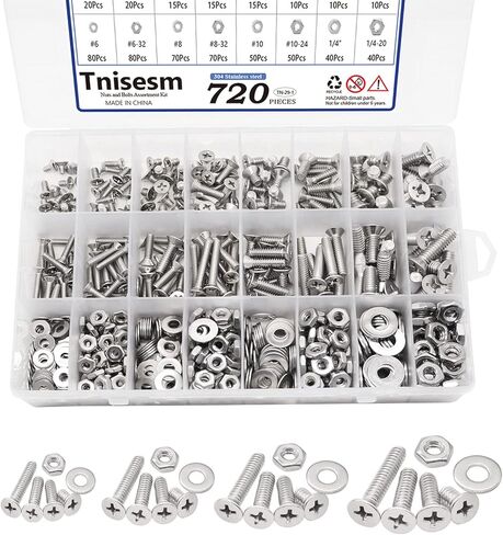 Tnisesm 720 قطعة مجموعة متنوعة من الصواميل والمسامير المسطحة من فيليبس، #6-32#8-32#10-24#1/4-20 مجموعة براغي من الفولاذ المقاوم للصدأ، 16 مقاسًا متنوعًا من غسالات مسامير الصواميل in Kuwait