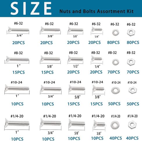 Tnisesm 720 قطعة مجموعة متنوعة من الصواميل والمسامير المسطحة من فيليبس، #6-32#8-32#10-24#1/4-20 مجموعة براغي من الفولاذ المقاوم للصدأ، 16 مقاسًا متنوعًا من غسالات مسامير الصواميل in Kuwait