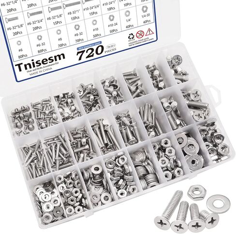 Tnisesm 720 قطعة مجموعة متنوعة من الصواميل والمسامير المسطحة من فيليبس، #6-32#8-32#10-24#1/4-20 مجموعة براغي من الفولاذ المقاوم للصدأ، 16 مقاسًا متنوعًا من غسالات مسامير الصواميل in Kuwait