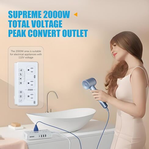 220v to 110v Voltage Converter Adapter: International Universal US to Europe Travel Power Plug Transformer - 2000W Electric Hair Dryer Step Down Outlet for US European UK EU Italy in Saudi Arabia