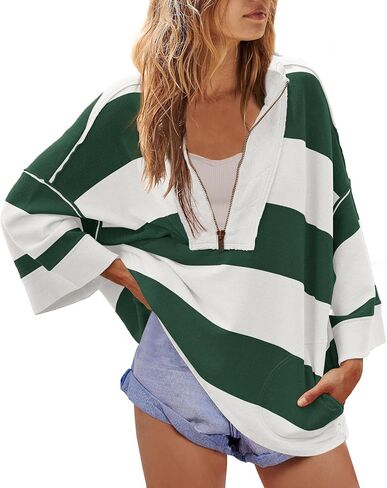 Yanekop Womens Oversized Striped Shirt Half Zip Sweatshirt Color Block V Neck Top Casual Loose Pullover Y2k in Kuwait