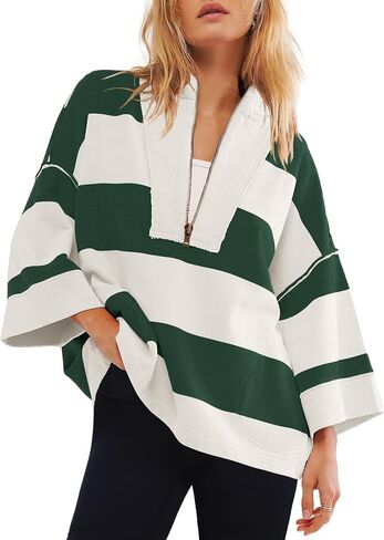 Yanekop Womens Oversized Striped Shirt Half Zip Sweatshirt Color Block V Neck Top Casual Loose Pullover Y2k in Kuwait