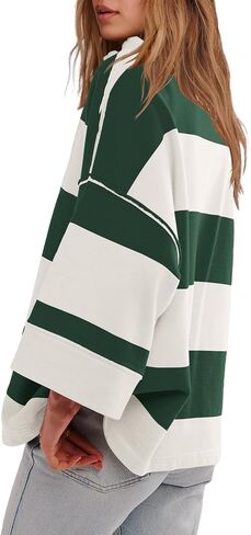 Yanekop Womens Oversized Striped Shirt Half Zip Sweatshirt Color Block V Neck Top Casual Loose Pullover Y2k in Kuwait