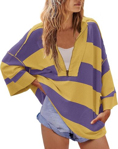 Yanekop Womens Oversized Striped Shirt Half Zip Sweatshirt Color Block V Neck Top Casual Loose Pullover Y2k in Kuwait
