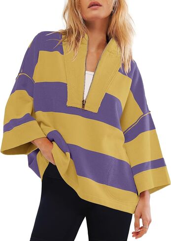 Yanekop Womens Oversized Striped Shirt Half Zip Sweatshirt Color Block V Neck Top Casual Loose Pullover Y2k in Kuwait