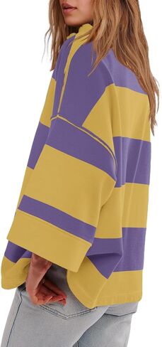 Yanekop Womens Oversized Striped Shirt Half Zip Sweatshirt Color Block V Neck Top Casual Loose Pullover Y2k in Kuwait