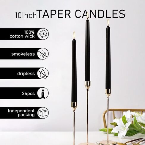 24 Pack Black Taper Candles - Taper Candles 10 Inch Dripless, Smokeless & Unscented - 7-7.5 Hours Long Burning - Hand Poured Tall Candlesticks - Ideal for Weddings, Dinner Parties, and Home Decor in Saudi Arabia