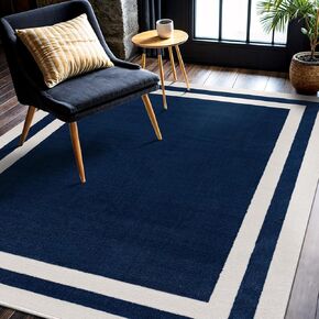 CAMILSON Bordered Navy Blue Rug 8x10 Area Rugs for Living Room Bedroom Kitchen Modern Soft Stain Resistant Non-Shedding Indoor Carpet (8 x 10 Navy Blue and Cream)