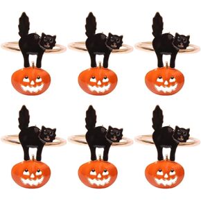 Luxshiny 6pcs Halloween Napkin Ring for Dining Table Settings Horror Scary Orange Pumpkin Black Cat Napkin Holder Ring for Thanksgiving Holiday Party Home Kitchen Dinner Table Decorations