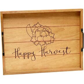 Elegant Designs HG2000-NHH Fall Decorative Wood Serving Tray w/ Handles, 15.50" x 12", Natural Happy Harvest