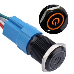 1pc 16mm Metal Waterproof Anti-Vandal Momentary Push Button Switch 12V-24V LED Light (ON)-Off 5Pins 1NO 1NC with Pre-Wired Socket for 5/8" Mounting Hole Black Shell Power Symbol Orange