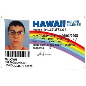 لافتة علم McLovin لبطاقة الهوية المزيفة (3 × 5 أقدام) علم رخصة قيادة مزيف وبطاقة ترخيص سائق McLovin واحدة، لديكور الغرفة، في الهواء الطلق، الحفلات، هدية، مسكن جامعي من LOVEON