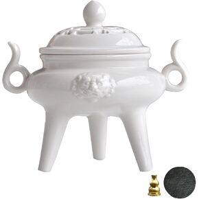 Ceramic Incense Cone Burner with Lid,Stylish Incense Holder for Coil Incense and Powder Incense,Mediation Gift,Room Decor(White)
