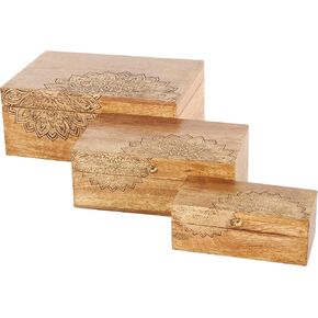 Deco 79 Mango Wood Floral Handmade Decorative Box Storage Decorative Keepsake Box with Carved Mandalas and Gold Accents, Set of 3 Storage Box 11", 9", 7" W, Brown