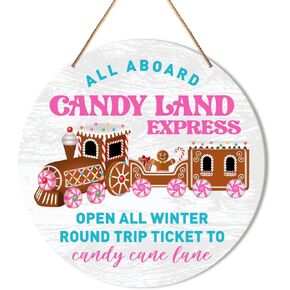 Muktoujaumai Christmas Sign Decor, Christmas Bakery Round Hanging Sign Decor Gingerbread Xmas Holiday Wall Decorations Winter Wood Sign for Kitchen, Door, Home, Candy Land Express
